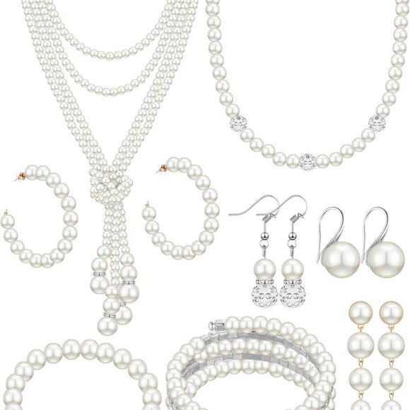 8 Pcs Pearl Necklace and Earrings Set for Women Faux Pearl Bracelets Costume Jew - Picture 1 of 5